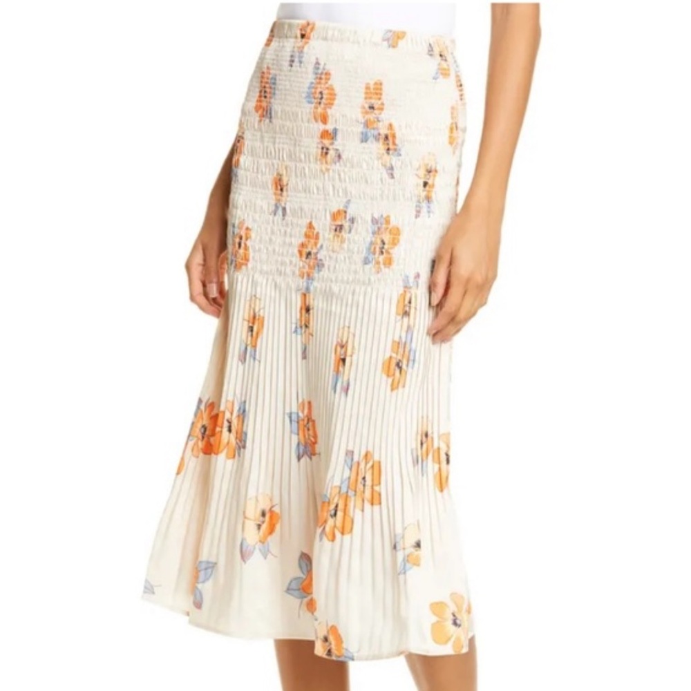 Nicholas Neutral Smocked Floral Midi Skirt Size US 2